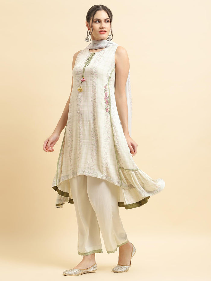 Women Liva Rayon White Floral Print Kurta Comfort Pant Dupatta.
