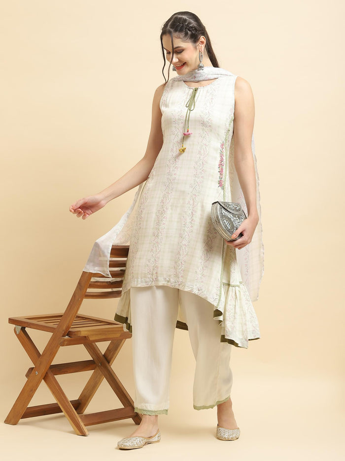 Women Liva Rayon White Floral Print Kurta Comfort Pant Dupatta.