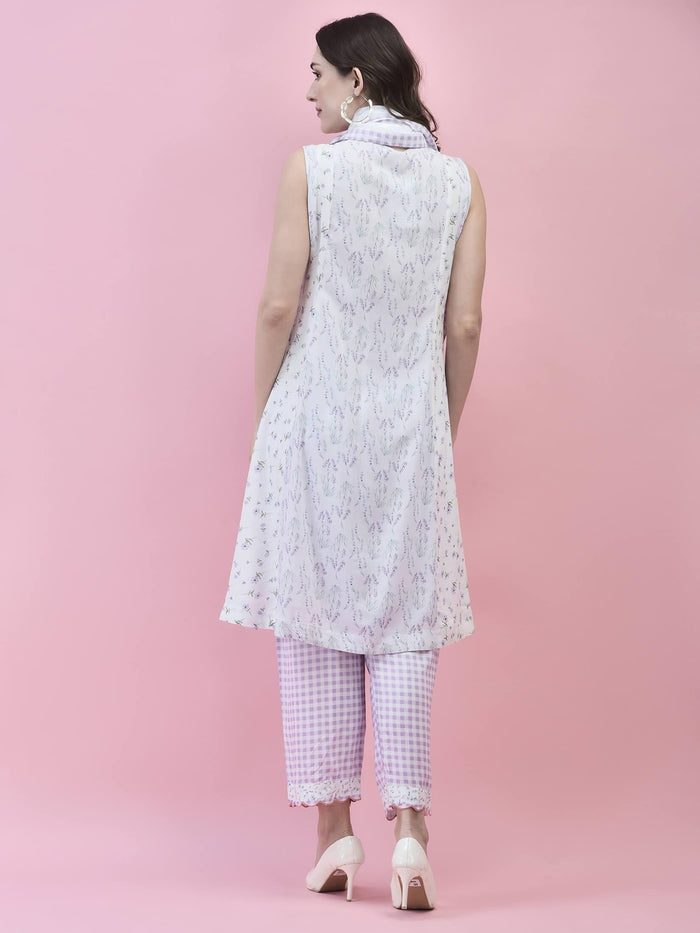 Women Liva Rayon White Floral Print Kurta Comfort Pant Scarf.