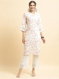 Women Liva Rayon White Floral Print Kurta With Comfort Pant.