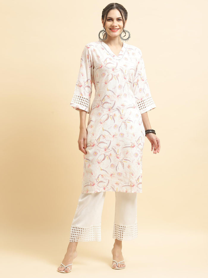 Women Liva Rayon White Floral Print Kurta With Comfort Pant.