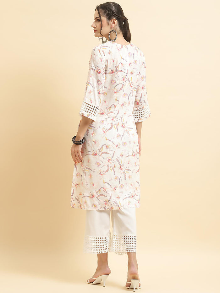 Women Liva Rayon White Floral Print Kurta With Comfort Pant.