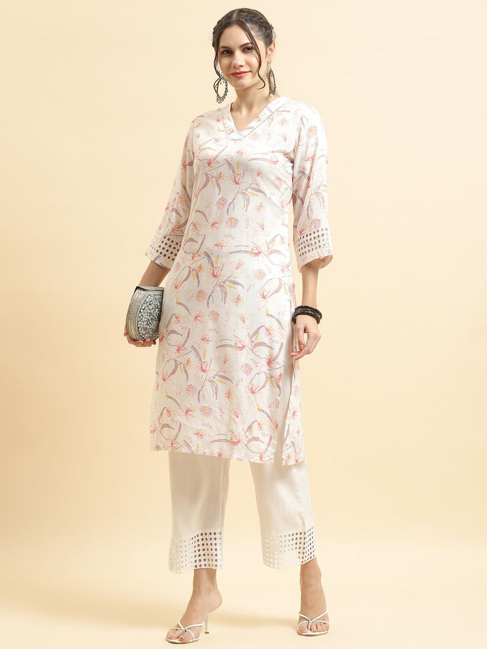 Women Liva Rayon White Floral Print Kurta With Comfort Pant.