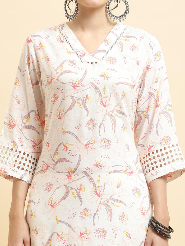 Women Liva Rayon White Floral Print Kurta With Comfort Pant.
