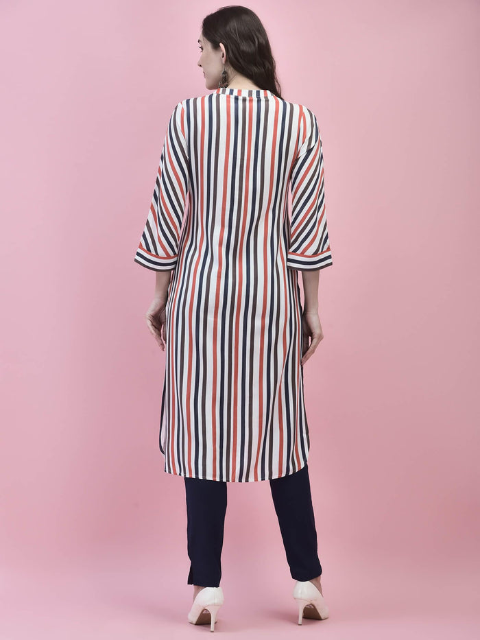 Women Liva Rayon White Stripe Print Kurta.