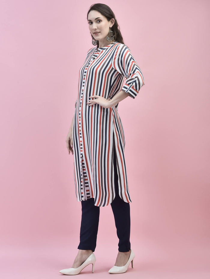 Women Liva Rayon White Stripe Print Kurta.