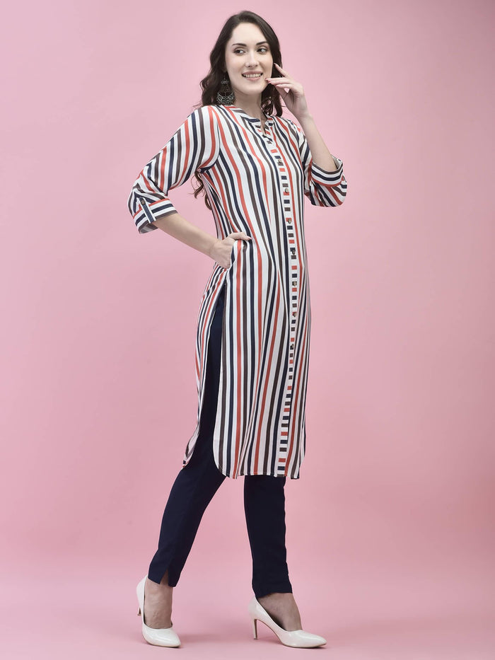 Women Liva Rayon White Stripe Print Kurta.