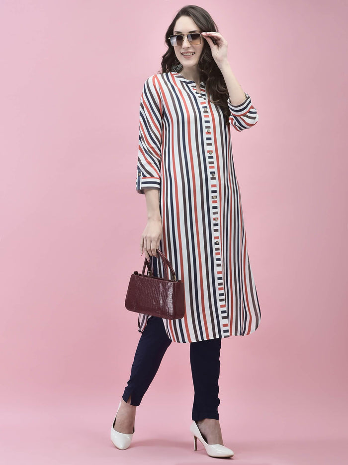 Women Liva Rayon White Stripe Print Kurta.
