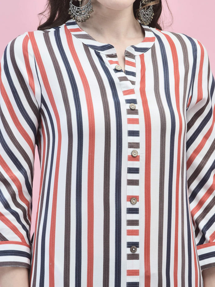 Women Liva Rayon White Stripe Print Kurta.
