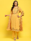 Women Liva Rayon Yellow Floral Print Kurta Trouser Dupatta.