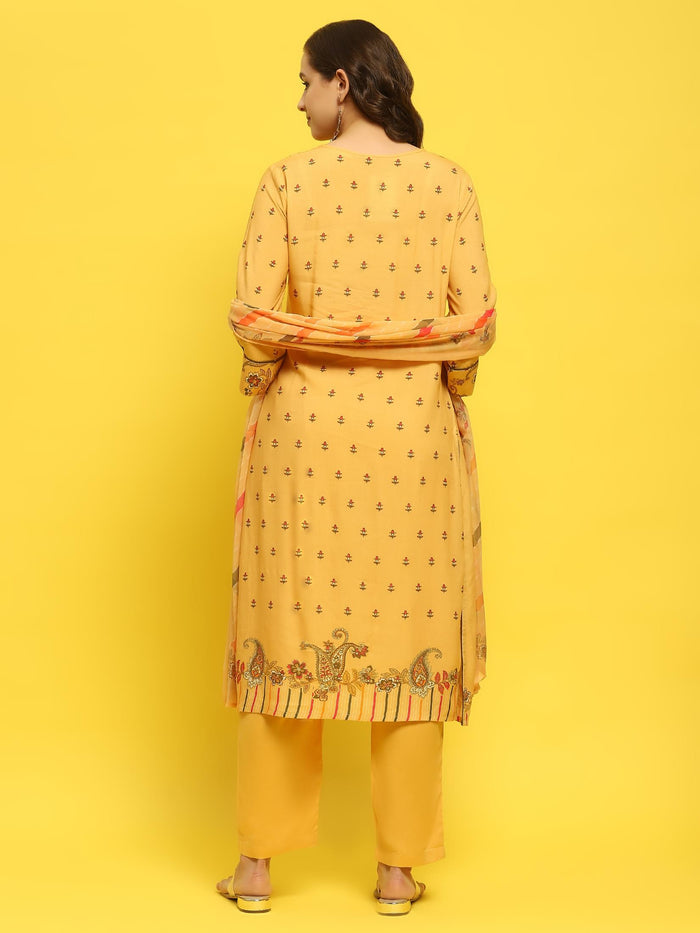 Women Liva Rayon Yellow Floral Print Kurta Trouser Dupatta.