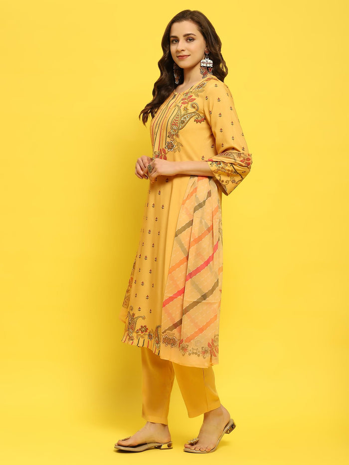 Women Liva Rayon Yellow Floral Print Kurta Trouser Dupatta.