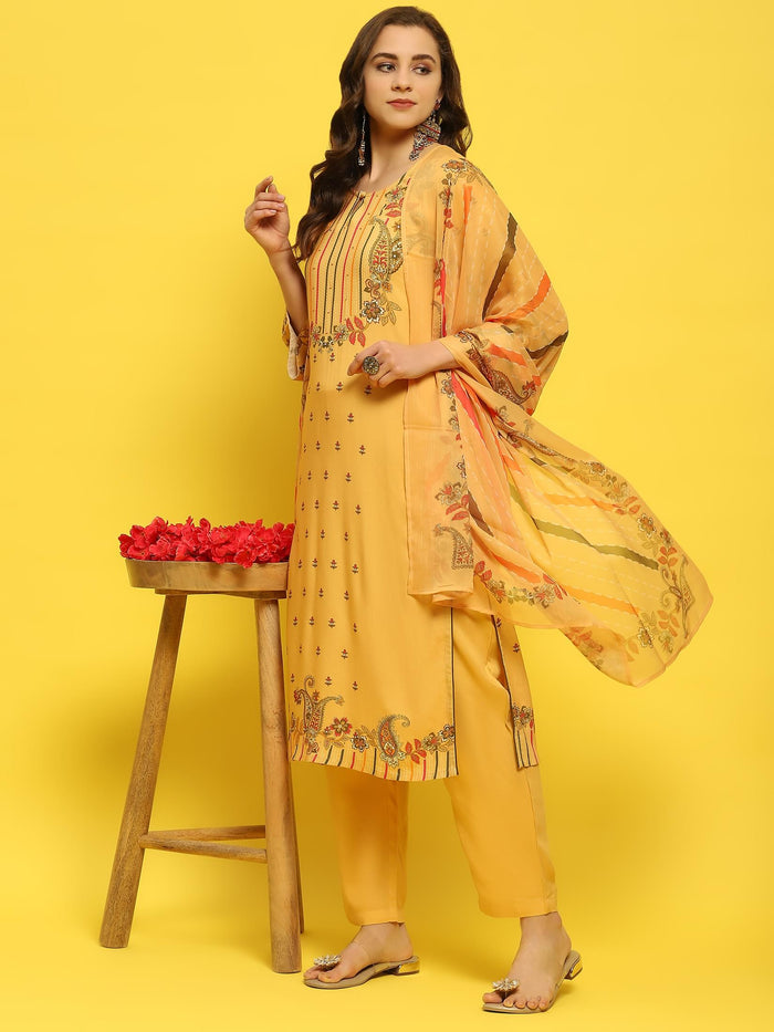 Women Liva Rayon Yellow Floral Print Kurta Trouser Dupatta.