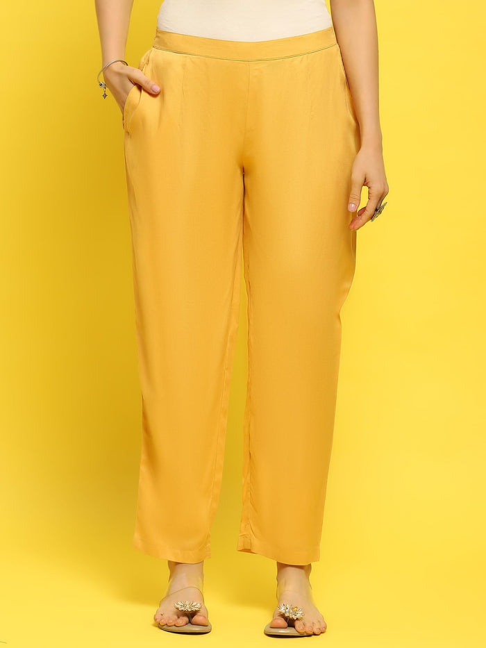 Women Liva Rayon Yellow Floral Print Kurta Trouser Dupatta.