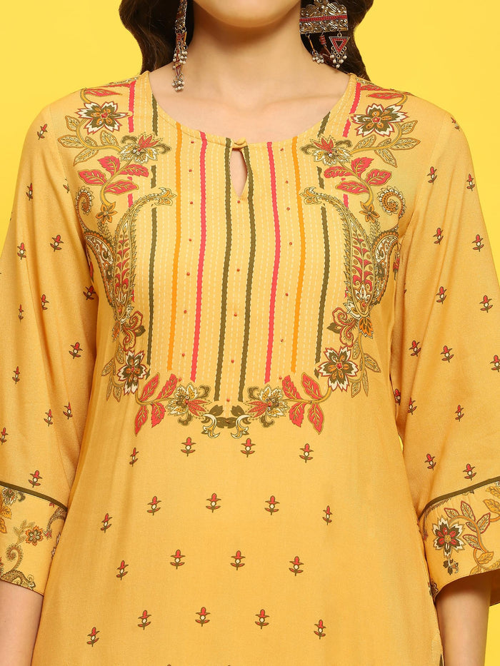 Women Liva Rayon Yellow Floral Print Kurta Trouser Dupatta.