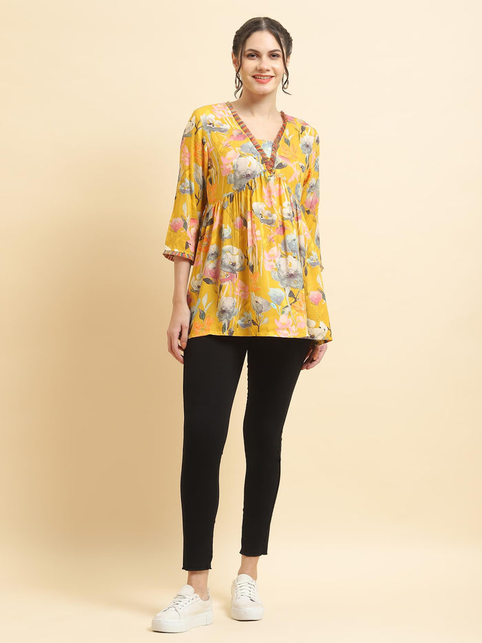 Women Liva Rayon Yellow Floral Print Tunic.