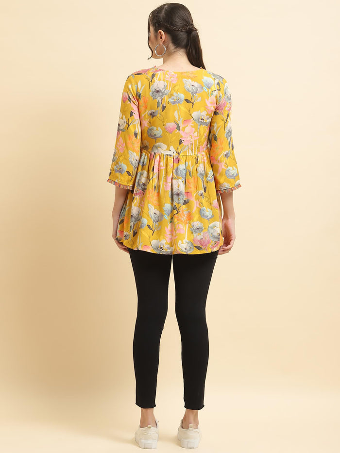 Women Liva Rayon Yellow Floral Print Tunic.