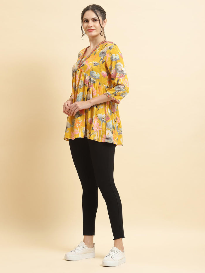 Women Liva Rayon Yellow Floral Print Tunic.