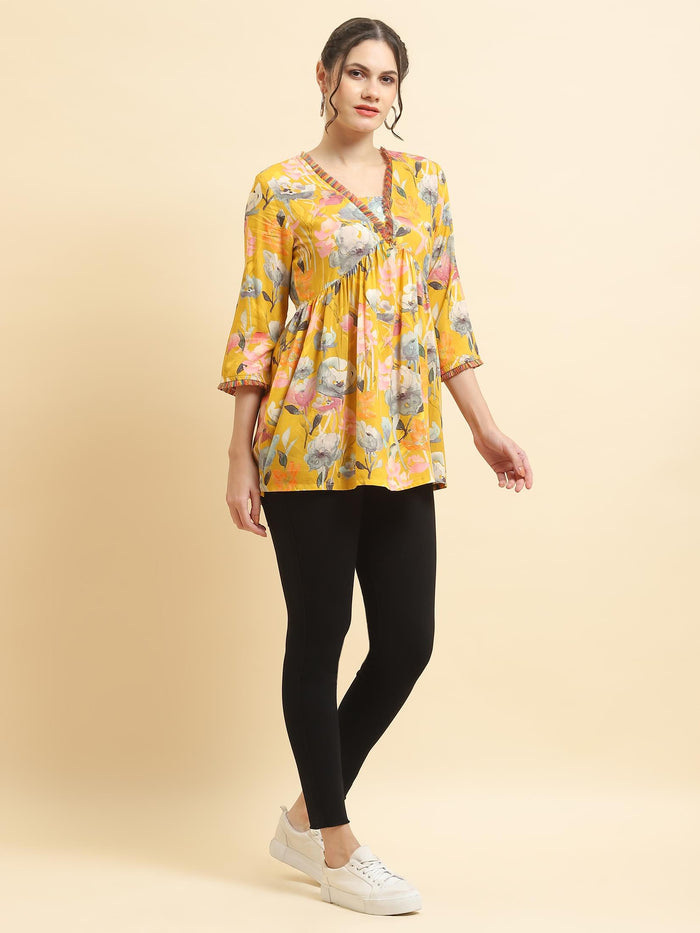 Women Liva Rayon Yellow Floral Print Tunic.