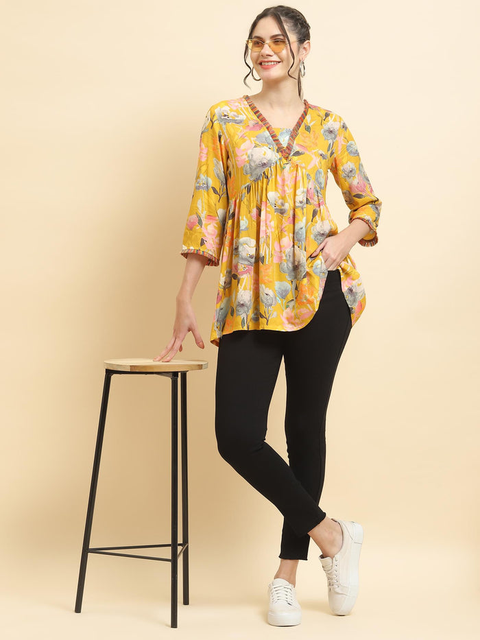 Women Liva Rayon Yellow Floral Print Tunic.