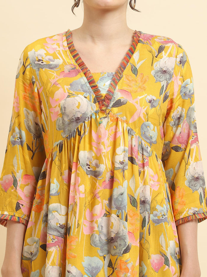 Women Liva Rayon Yellow Floral Print Tunic.