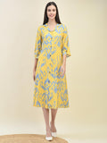 Women Liva Rayon Yellow Ikat Print Dress.