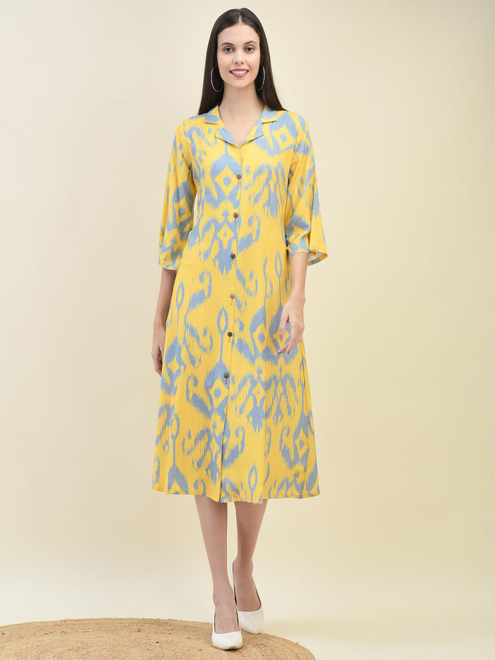 Women Liva Rayon Yellow Ikat Print Dress.