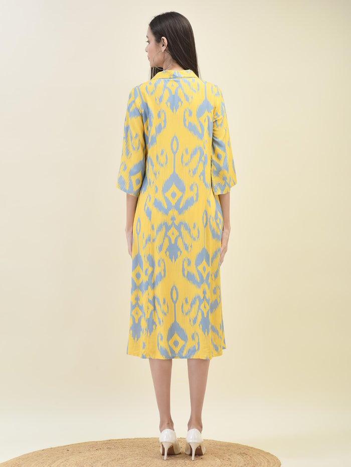 Women Liva Rayon Yellow Ikat Print Dress.