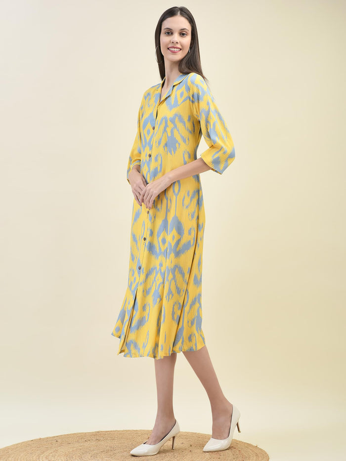 Women Liva Rayon Yellow Ikat Print Dress.