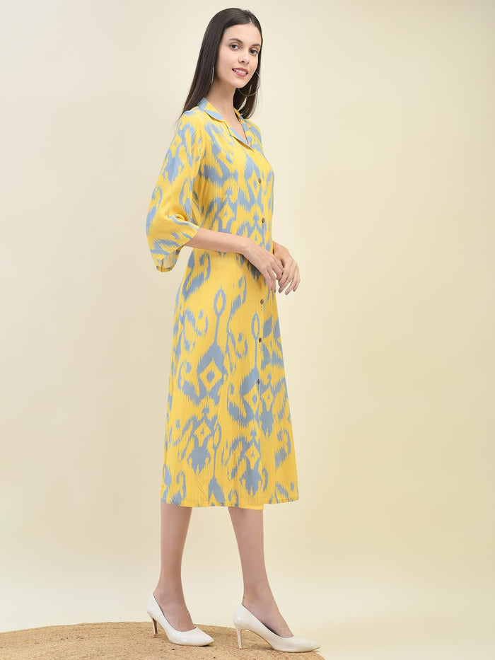 Women Liva Rayon Yellow Ikat Print Dress.