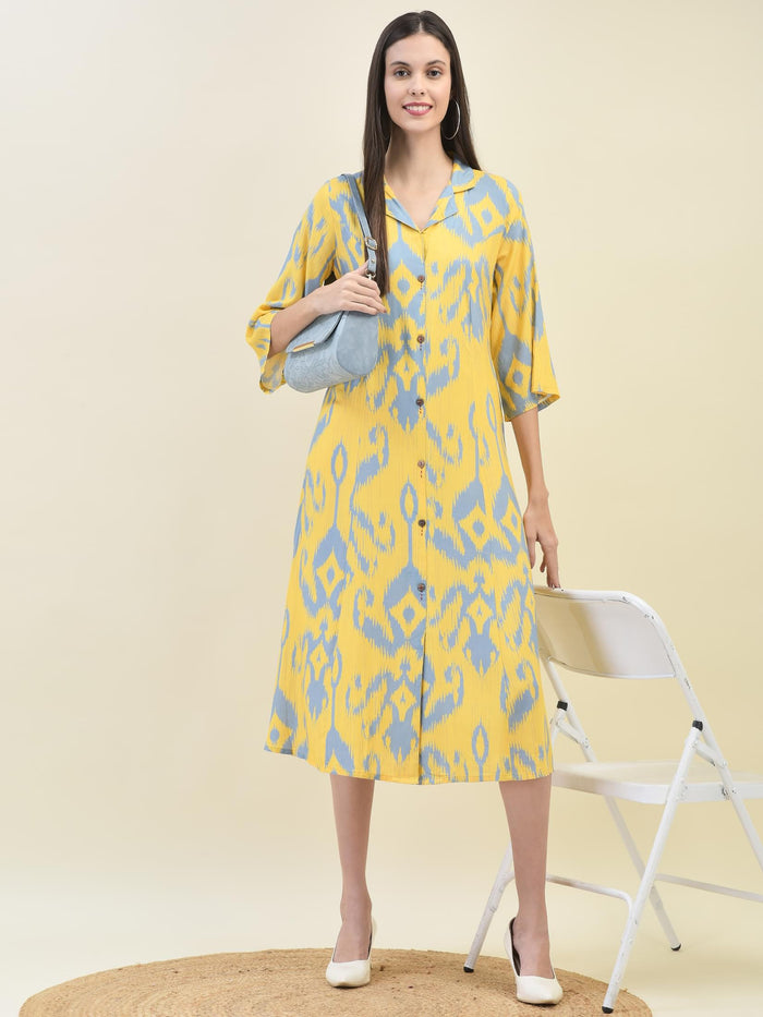 Women Liva Rayon Yellow Ikat Print Dress.