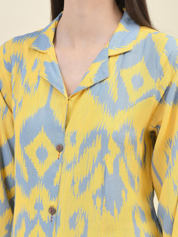 Women Liva Rayon Yellow Ikat Print Dress.