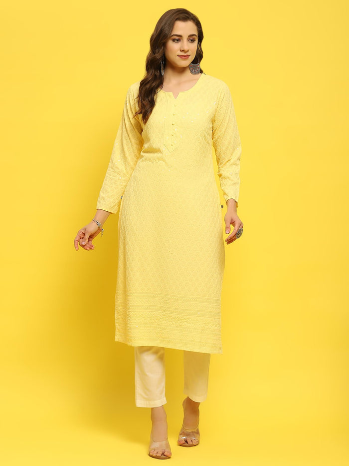 Women Liva Rayon Yellow Schiffli Embroidered Kurta.