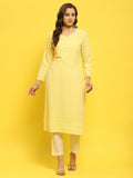 Women Liva Rayon Yellow Schiffli Embroidered Kurta.