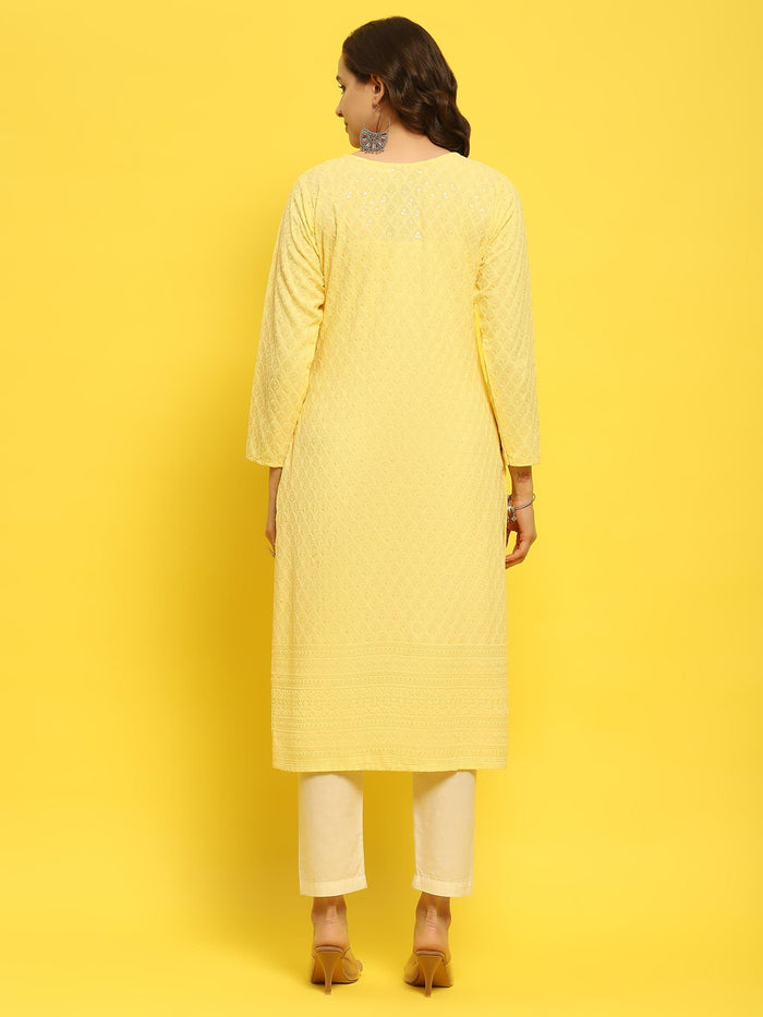 Women Liva Rayon Yellow Schiffli Embroidered Kurta.