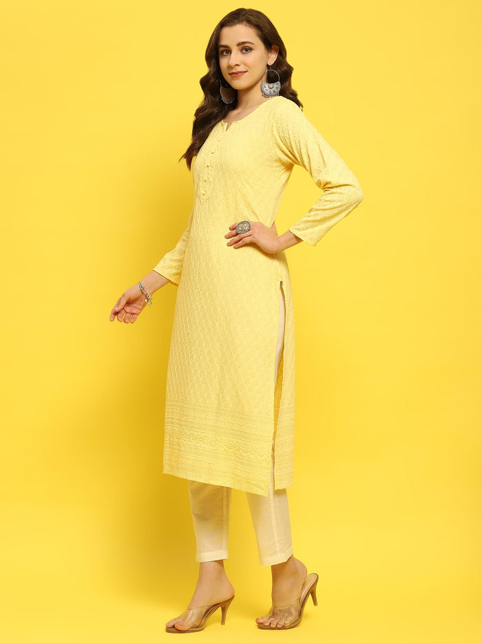 Women Liva Rayon Yellow Schiffli Embroidered Kurta.