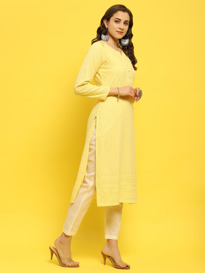Women Liva Rayon Yellow Schiffli Embroidered Kurta.