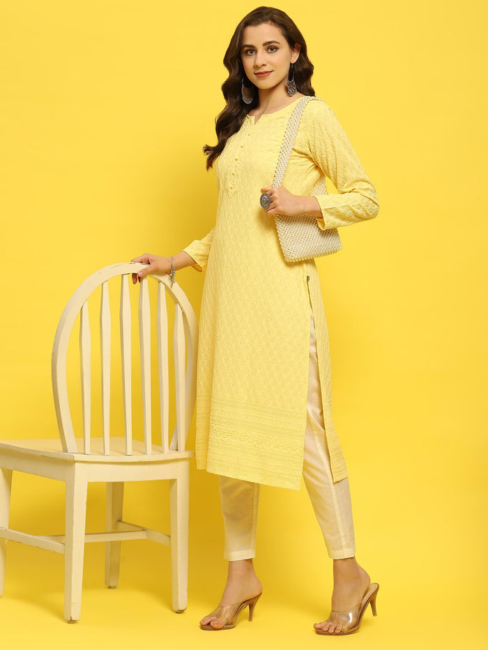 Women Liva Rayon Yellow Schiffli Embroidered Kurta.