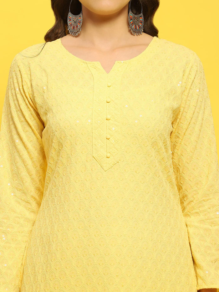 Women Liva Rayon Yellow Schiffli Embroidered Kurta.