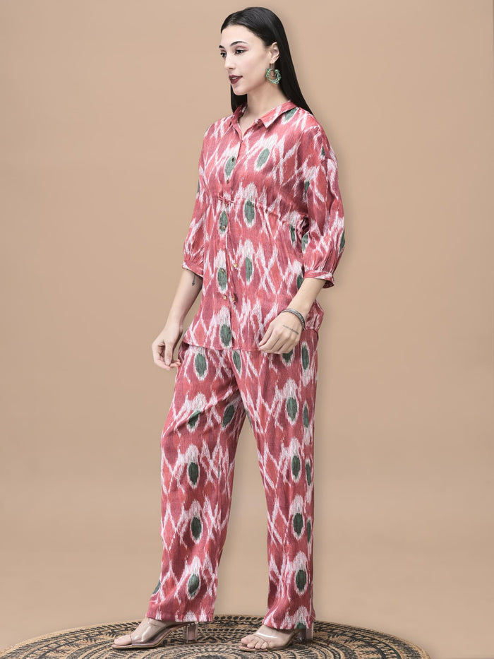 Women Liva Red Abstract Print Co-Ord Set.