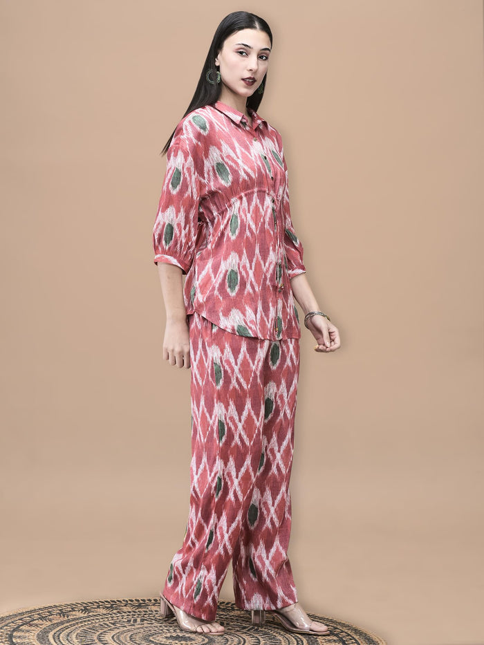 Women Liva Red Abstract Print Co-Ord Set.