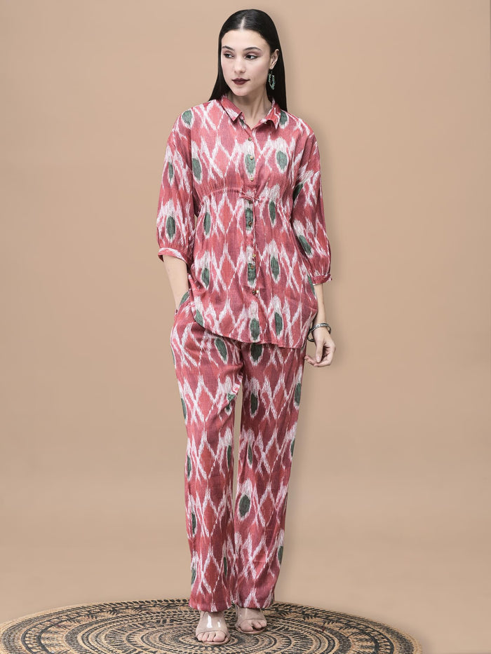 Women Liva Red Abstract Print Co-Ord Set.