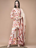 Women Liva Red and Lemon yellow Floral Print Kurta Bell Bottom pant Dupatta.