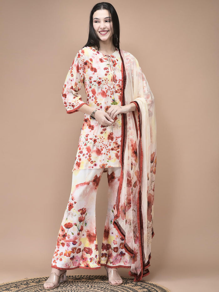 Women Liva Red and Lemon yellow Floral Print Kurta Bell Bottom pant Dupatta.