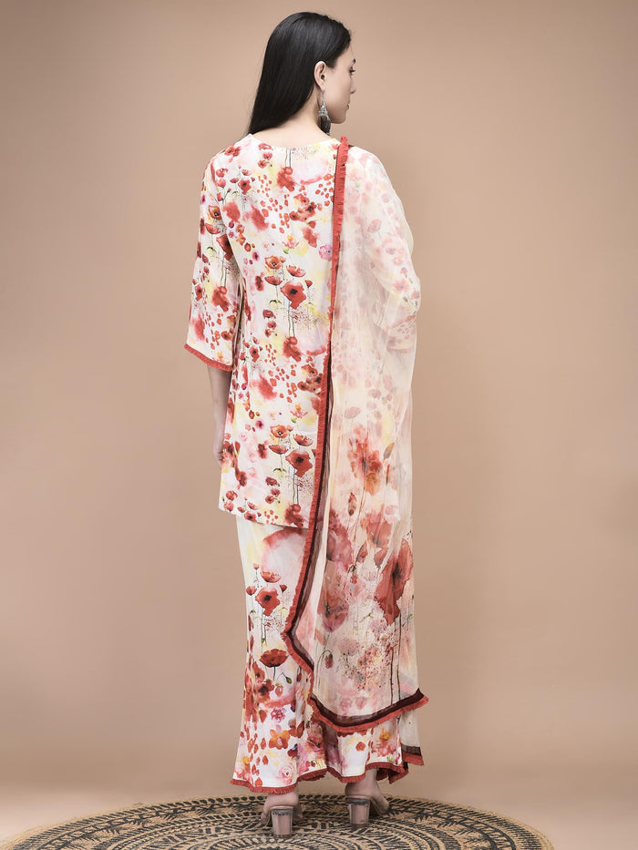 Women Liva Red and Lemon yellow Floral Print Kurta Bell Bottom pant Dupatta.
