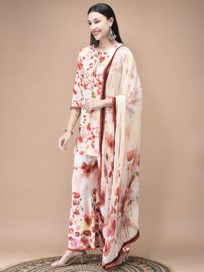 Women Liva Red and Lemon yellow Floral Print Kurta Bell Bottom pant Dupatta.