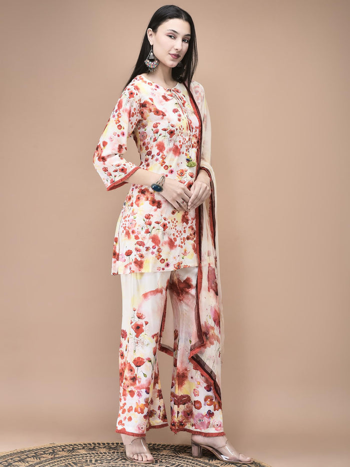 Women Liva Red and Lemon yellow Floral Print Kurta Bell Bottom pant Dupatta.