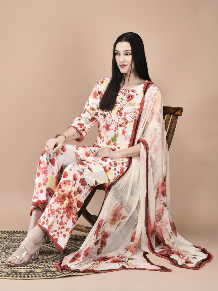Women Liva Red and Lemon yellow Floral Print Kurta Bell Bottom pant Dupatta.