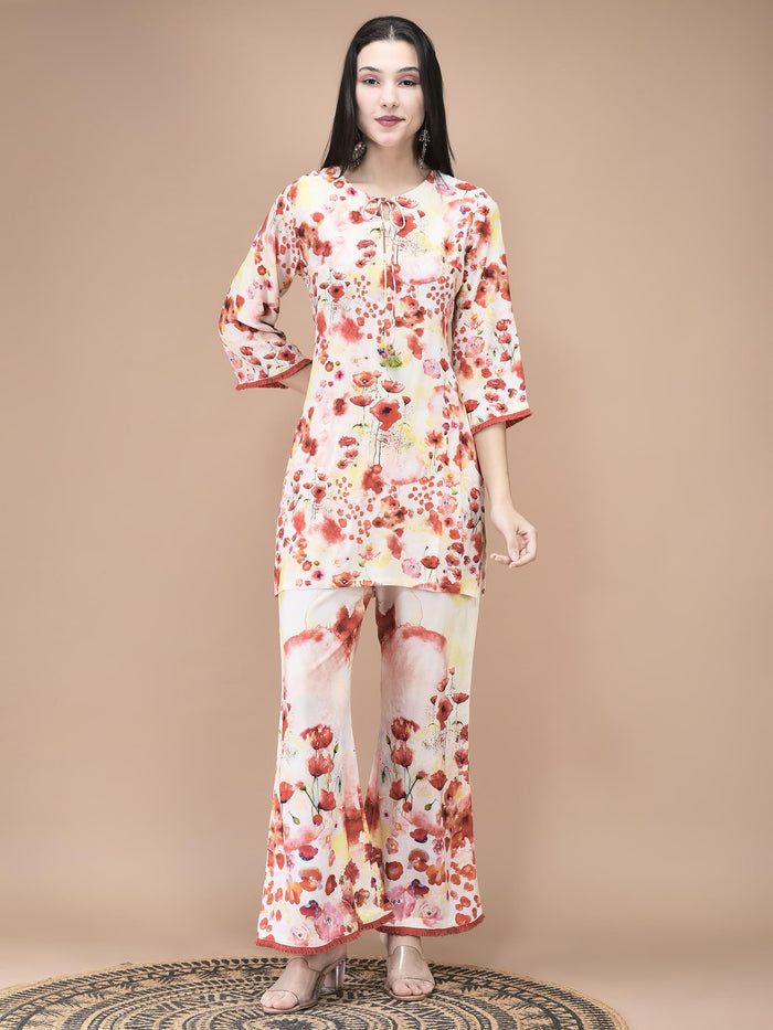 Women Liva Red and Lemon yellow Floral Print Kurta Bell Bottom pant Dupatta.