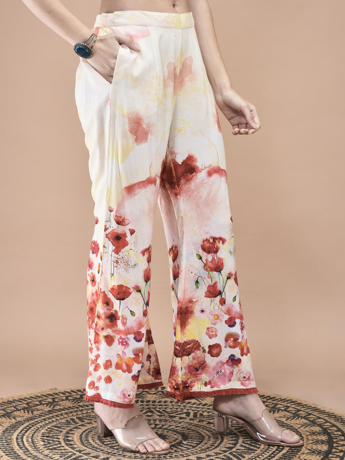 Women Liva Red and Lemon yellow Floral Print Kurta Bell Bottom pant Dupatta.